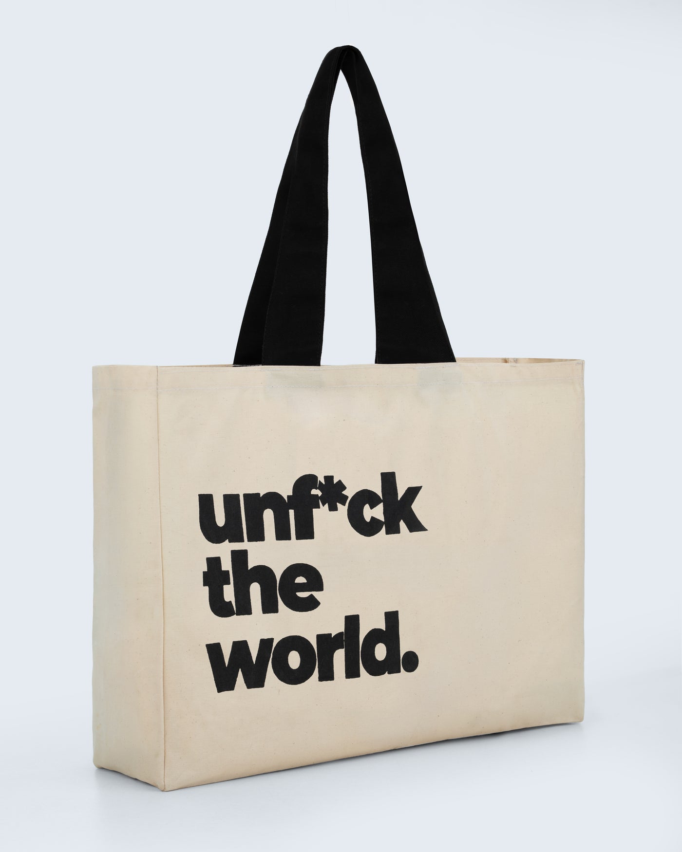 on the beach jute tote, unf*ck the world print, angled view